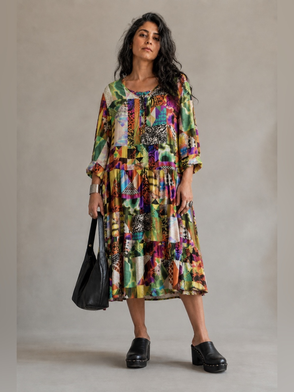 Madeleine Colorful Patchwork Print Tiered Midi Maxi Dress Size L